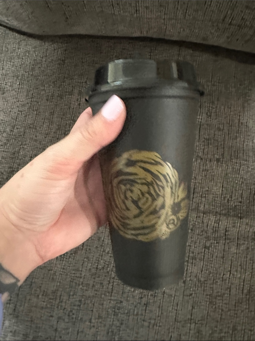 Black Travel Tumbler with Gold Rose Design Starbucks reusable 16 oz cup